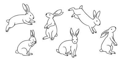 Set of hand drawn rabbit doodles in different poses, featuring simple black-and-white line art, perfect for coloring pages, Easter designs, wildlife illustrations, and minimalist decor vector