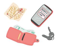 Travel essentials illustration with a map, smartphone showing a hotel booking, wallet with money, and keys, representing trip preparation, adventure, and vacation planning vector