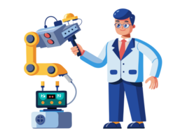 Robotics engineer mastering a robotic hand, innovation studio, digital illustration, bright and engaging environment, dynamic perspective, modern technology png