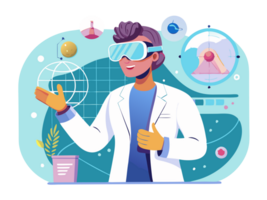 Innovative scientist explores virtual reality in cartoon laboratory, engaging educational concepts in a colorful environment png