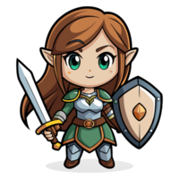 Action-packed adventure chibi style warrior girl with tiny sword in fantasy realm colorful animation heroic concept png