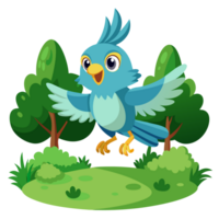 3d cartoon bird flying over green forest nature scene vibrant wildlife cheerful environment animated view png