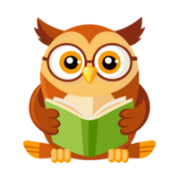 Charming 3d cartoon owl reading a book in a cozy library whimsical environment playful perspective png