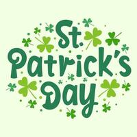 st. patrick's day text calligraphy with clover and shamrock leaves vector