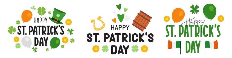 set of st. patrick's day text calligraphy with patricks day clover leaves and otherelements vector