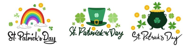 set of st. patrick's day text calligraphy with patrick's day pot of gold, rainbow, and other elements vector