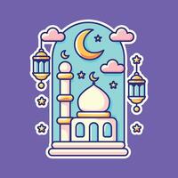 Decorative Ramadan Mosque with Hanging Lanterns and Crescent Moon vector