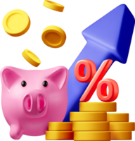 3D piggy bank and growing stacks of coins icon png