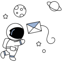 Astronaut floating in space with a letter and celestial bodies around. png
