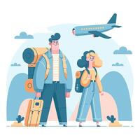 Young men and women tourists with suitcases and backpacks stand against the background of a flying airplane. vector