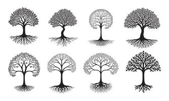 set of tree and roots illustration design silhouette. vector