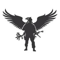 A powerful silhouette of a U.S. Army soldier standing with an eagle, symbolizing strength, courage, and American patriotism. vector