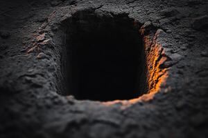 Grave in the ground with a light coming in it photo