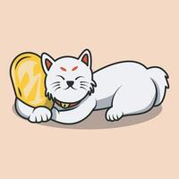 illustration of a lucky cat icon lying down while hugging a gold piece. Premium icon. vector