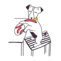 Amusing dog stealing sausage or food from table. Funny mischievous doggy isolated on white background. Bad behavior of domestic animal, disobedient pet. Colored hand drawn illustration. vector