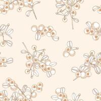 Gorgeous seamless pattern with arctic lingonberry hand drawn with contour lines on light background. Backdrop with boreal forest berry. Monochrome illustration in antique style for wallpaper. vector