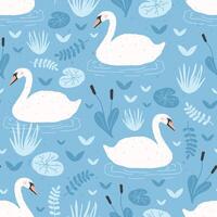 Seamless pattern with white swans floating in water pond or lake among plants. Backdrop with beautiful wild birds, waterfowl. Flat hand drawn illustration in cartoon style for textile print. vector