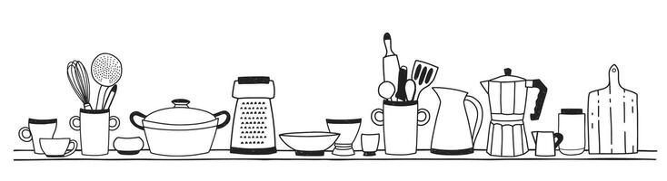 Home kitchen utensils for cooking, tools for food preparation or cookware standing on shelf hand drawn with black contour lines on white background. illustration in monochrome colors. vector