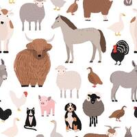 Seamless pattern with domestic farm barnyard animals and birds on white background. Backdrop with livestock and fowl. Cartoon hand drawn illustration for wrapping paper, textile print. vector