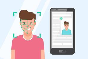 Smartphone with portrait of smiling man sitting beside on screen. Facial recognition technology or software, verification and identification of person. Flat cartoon colorful illustration. vector