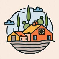 Circular logotype with village landscape, barn or ranch building and cultivated field in linear style. Round logo or label with farmland scenery isolated on light background. illustration. vector