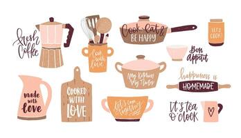 Set of lettering written with cursive font and decorated with cookware, kitchen utensils for home cooking and tools for food preparation isolated on white background. Colorful illustration. vector