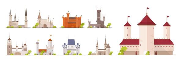 Collection of ancient castles, fortresses, citadels and strongholds isolated on white background. Set of buildings of beautiful medieval architecture. Flat cartoon colorful illustration. vector