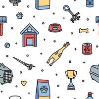 Seamless pattern with items for care, grooming, entertainment and feeding of dogs on white background. Colorful illustration in modern line art style for textile print, wrapping paper. vector