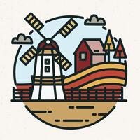 Colored logotype with countryside landscape, farm building, windmill, hills and cultivated field in lineart style. Circular logo with rural scenery isolated on light background. illustration. vector