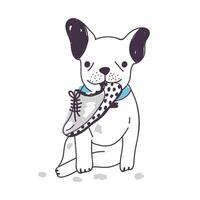 Amusing dog sitting and chewing or gnawing shoe. Funny naughty puppy isolated on white background. Bad habit, problematic behavior of domestic animal or pet. Colorful hand drawn illustration. vector