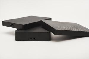Hard drives Modern data storage devices USB wires. photo