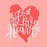 One Love One Heart phrase or slogan handwritten with elegant calligraphic font against red hand drawn heart on background. Trendy romantic illustration for 14th of February greeting card. vector