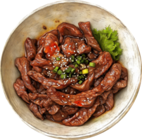 A bowl of beef with sesame seeds and green onions png
