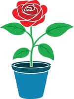 a pot illustration of rose tree with flower and leaf in vector