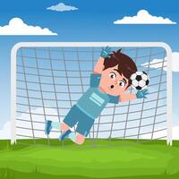 Cute Boy Cartoon Character Playing Football catch ball jump save vector