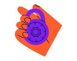 Hand drawn cute cartoon illustration of hand with combination lock. Flat protection tool in human arm sticker doodle. Safety code number icon. Reliability and trust. Security system. Isolated. vector
