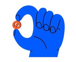 Hand drawn cute cartoon illustration of hand holding prohibition sign. Flat forbidden warning message in arm doodle. Negative reaction icon or sticker. Caution or access denied. Isolated. vector