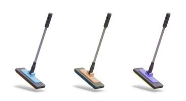 Realistic mop with long handle. Set of models of different colors in floating position vector