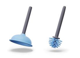 Set of devices for cleaning toilet and sewer. Realistic piston, round brush vector