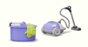 Plastic bucket with rubber gloves, vacuum cleaner. Set of objects for indoor cleanup concepts vector