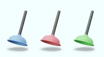 Set of realistic pistons of different colors. Home tool, plunger for cleaning clogged sewer pipes vector