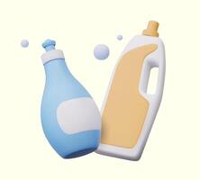 Realistic plastic bottles with empty label, soap bubbles. Liquid detergent packaging mockup vector