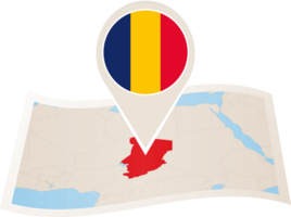 Folded map of Chad with flag pin of Chad. png