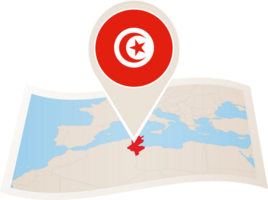 Folded map of Tunisia with flag pin of Tunisia. png