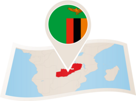 Folded map of Zambia with flag pin of Zambia. png
