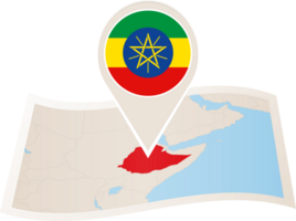Folded map of Ethiopia with flag pin of Ethiopia. png