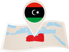 Folded map of Libya with flag pin of Libya. png