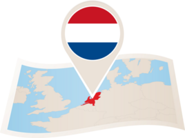 Folded map of Netherlands with flag pin of Netherlands. png