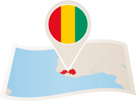Folded map of Guinea with flag pin of Guinea. png