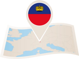 Folded map of Liechtenstein with flag pin of Liechtenstein. png